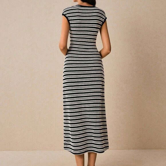 Black And White Casual Women's Striped Round Neck Cap Sleeve Dress - Picture 2 of 8